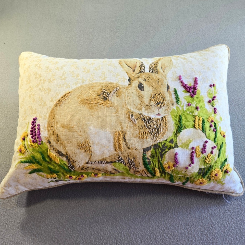 Bunny Rabbit Accent Pillow Unisex 18x12 Cream Embroidered Floral Duck Feather